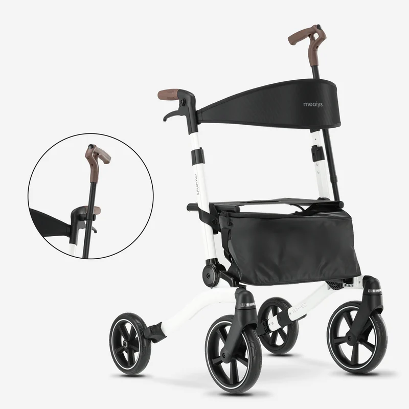 Mooiys Luxus-Rollator – zusammenklappbar – mit Sitzfunktion – für drinnen und draußen – Rückenlehne inklusive Gehstock und Halterung – Weiß