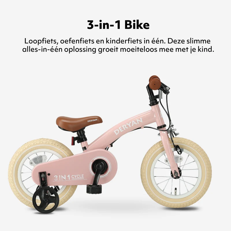 Luxus Kinderfahrrad 12 Zoll - 3 in 1 - Laufrad Pink