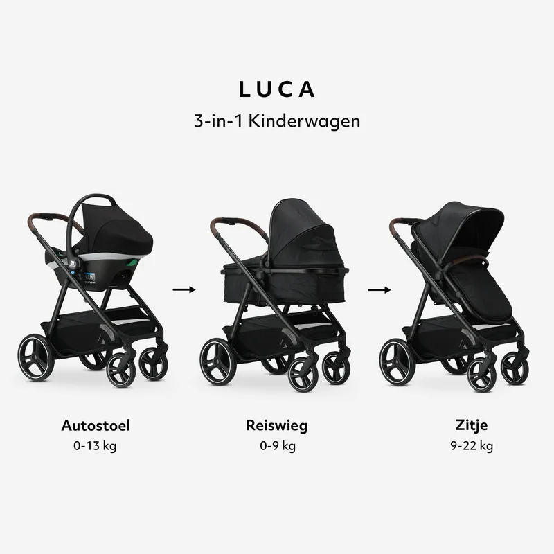 Mooiys Luca 3-in-1-Kinderwagen – Multifunktionaler Kinderwagen – inklusive Autositz – Schwarz
