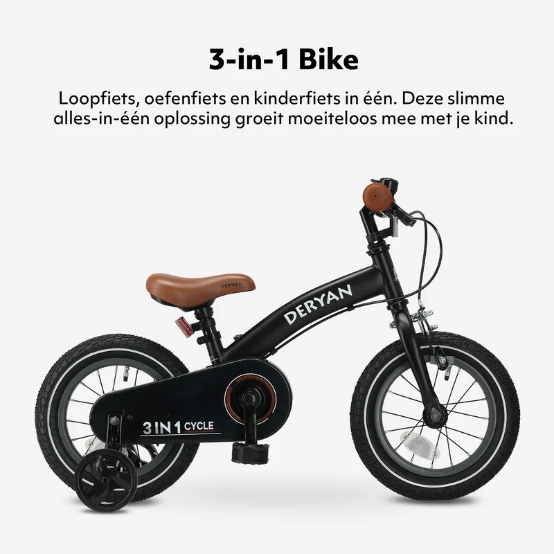Luxus Kinderfahrrad 12 Zoll - 3 in 1 - Laufrad Schwarz