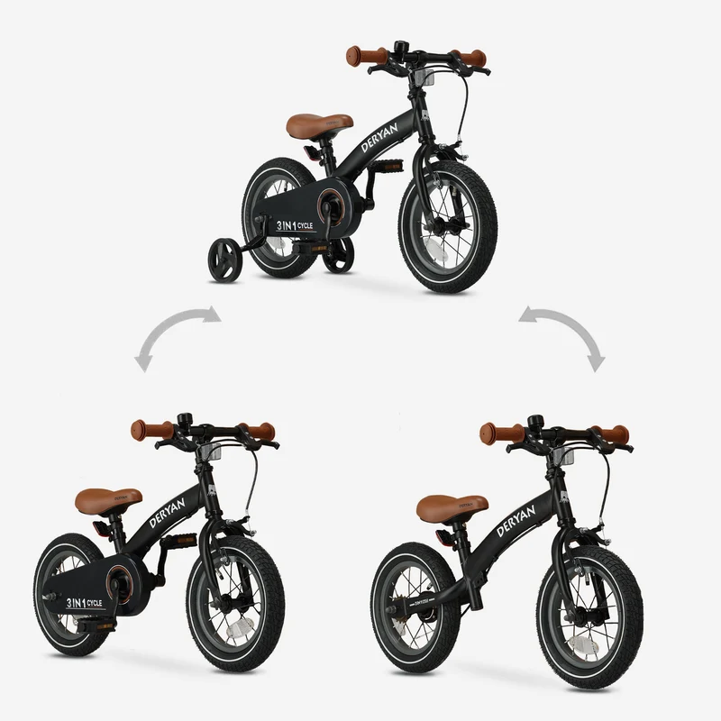 Luxus Kinderfahrrad 12 Zoll - 3 in 1 - Balance Fahrrad Schwarz