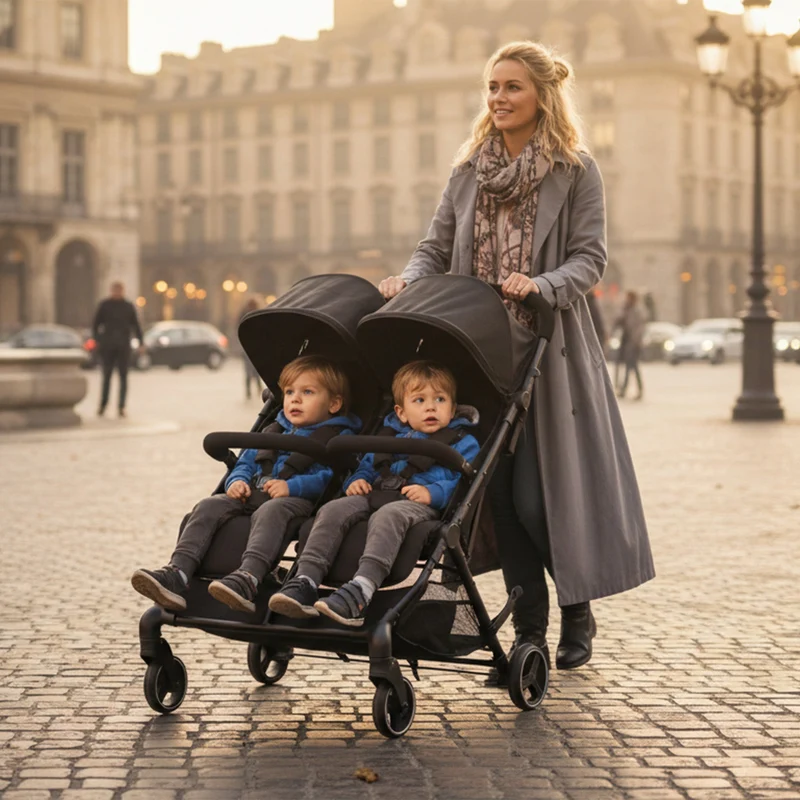 Mooiys Tess Twin Duo Kinderwagen – inklusive Regenschutz – inklusive Tragetasche – Schwarz