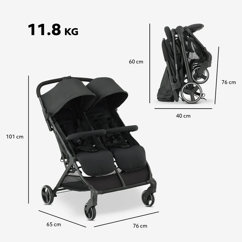 Mooiys Tess Twin Duo Kinderwagen – inklusive Regenschutz – inklusive Tragetasche – Schwarz