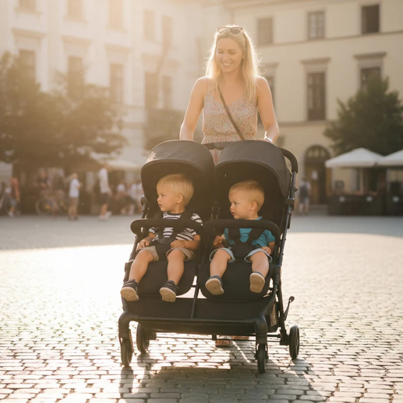 Mooiys Tess Twin Duo Kinderwagen – inklusive Regenschutz – inklusive Tragetasche – Schwarz