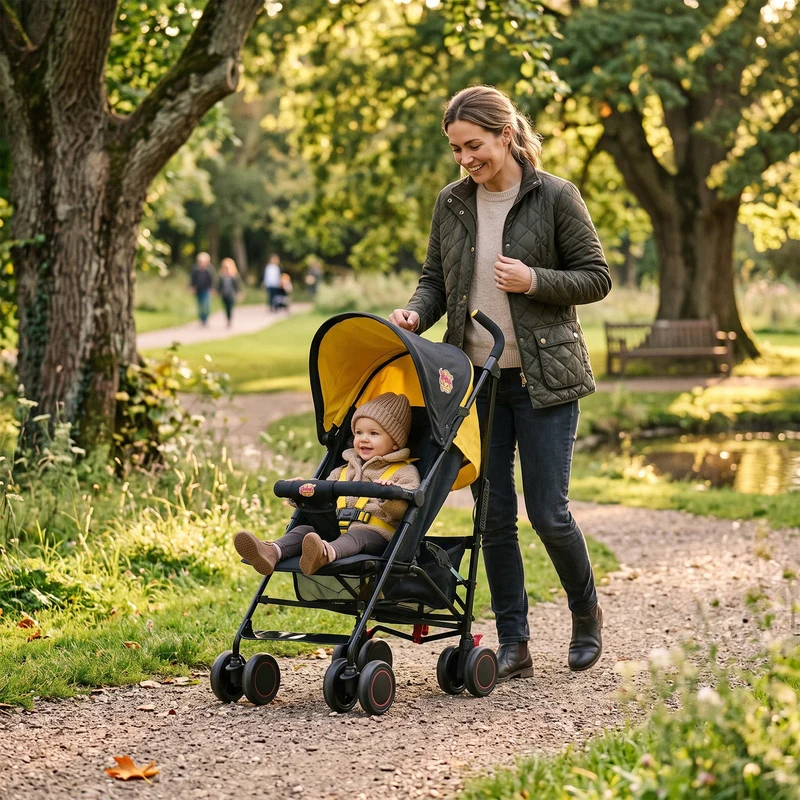 Regenschirm-Kinderwagen – Verstellbarer Kinderwagen – Bis zu 15 kg – Grau/Gelb