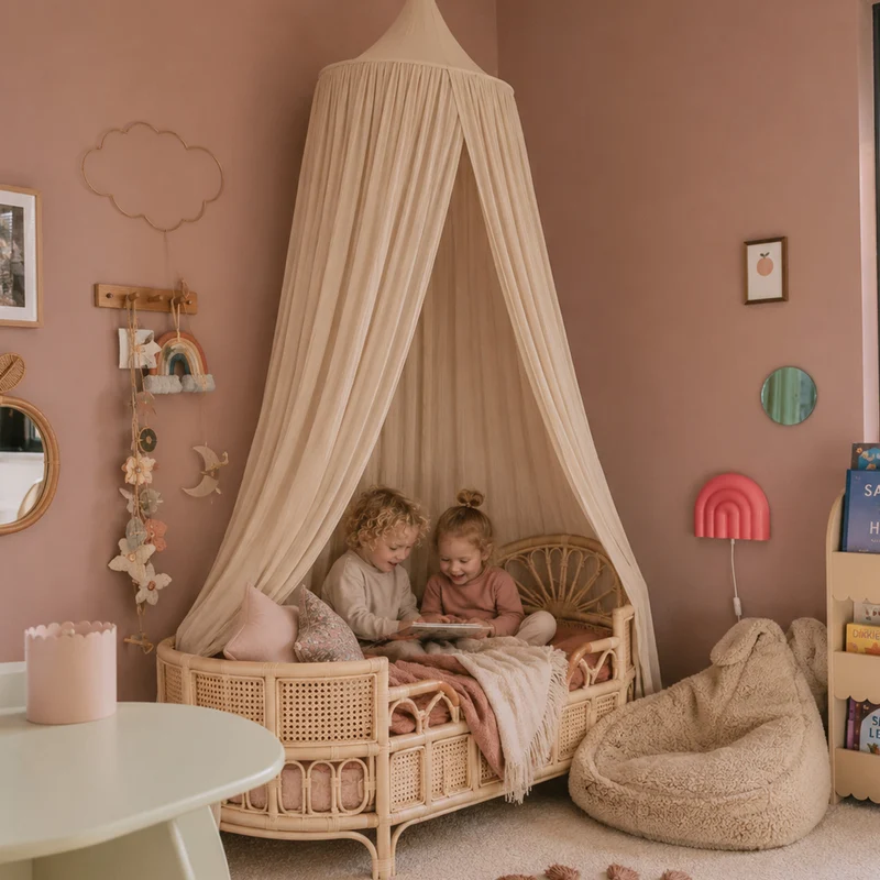 DERYAN Baby Moskitonetz Vintage 245cm - Moskitonetz für Kinder - Baldachin Nougat
