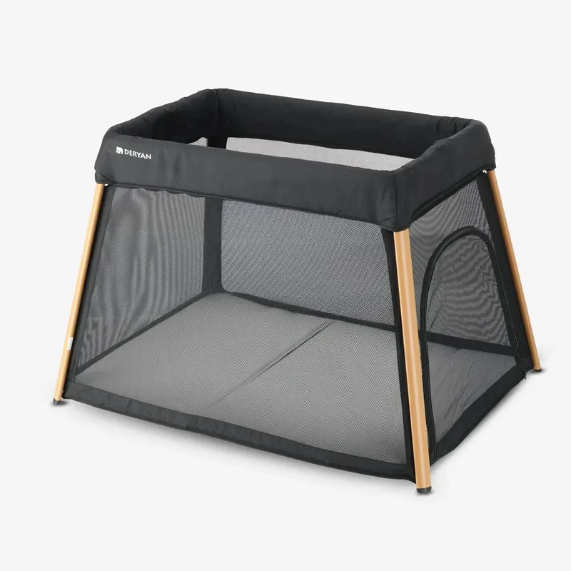 2-in-1-Campingbett und Laufstall – inklusive Bodenverhöher – Holzoptik