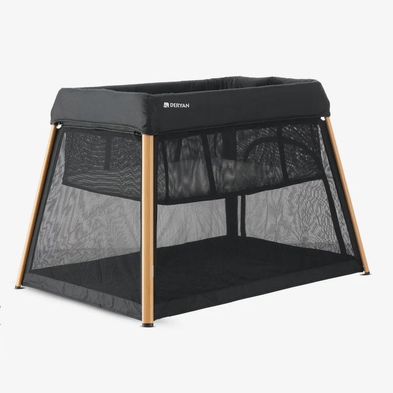 2-in-1-Campingbett und Laufstall – inklusive Bodenverhöher – Holzoptik