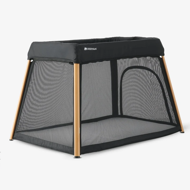 2-in-1-Campingbett und Laufstall – inklusive Bodenverhöher – Holzoptik