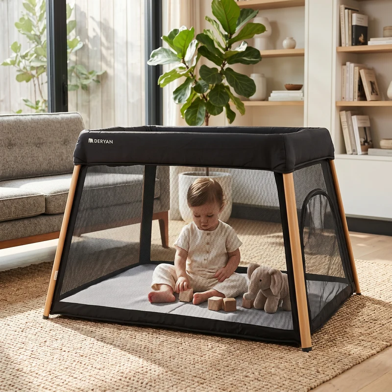 2-in-1-Campingbett und Laufstall – inklusive Bodenverhöher – Holzoptik