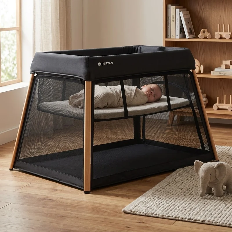 2-in-1-Campingbett und Laufstall – inklusive Bodenverhöher – Holzoptik