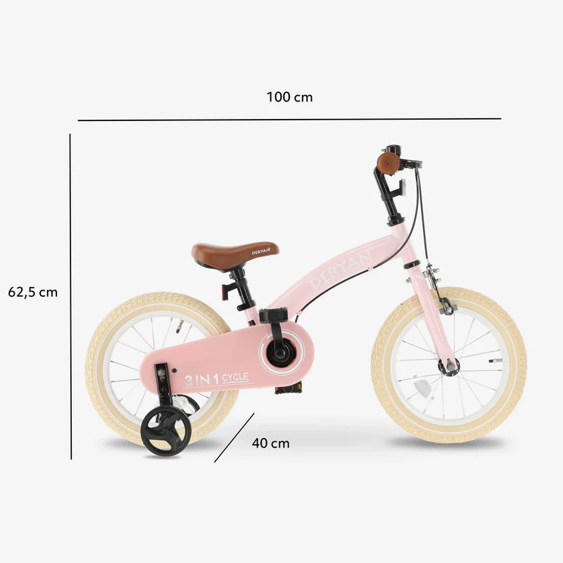 Luxus Kinderfahrrad 14 Zoll - 3 in 1 - Laufrad - Rosa