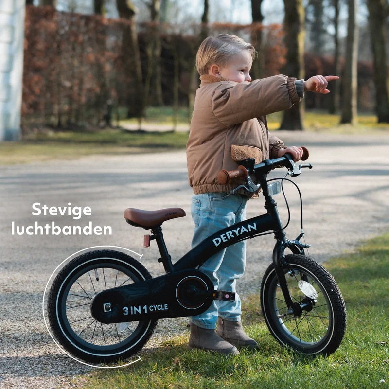 Luxus Kinderfahrrad 14 Zoll - 3 in 1 - Laufrad Schwarz