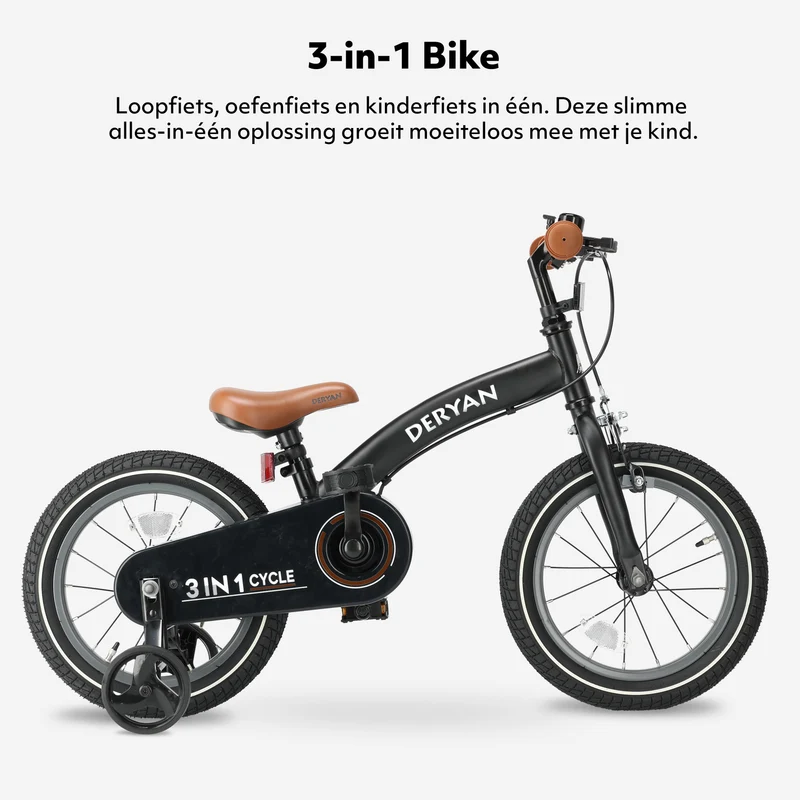 Luxus Kinderfahrrad 14 Zoll - 3 in 1 - Laufrad Schwarz