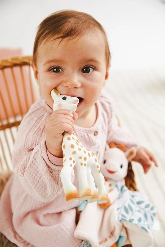 Vulli Sophie la girafe 2er Geburtsset Beißfigur + Schmusetuch m Schnullerband