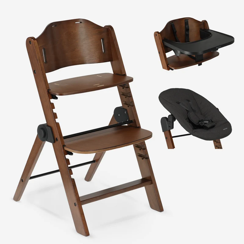 Odin Luxe Houten Meegroeistoel Kinderstoel met Bouncer - Inclusief Eetblad - Verstelbare Kinderstoel - Wood/Zwart