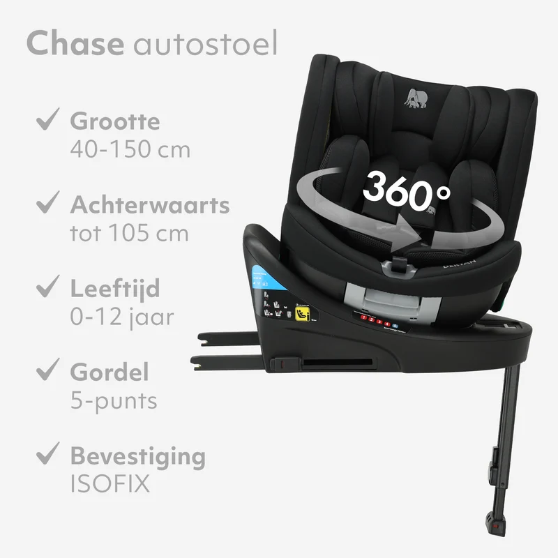 Chase Luxe i-Size-Autokindersitz 0–36 kg, Isofix, 360° – Schwarz