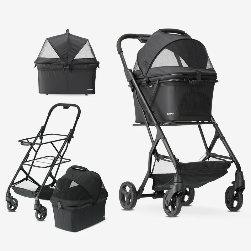 Deryan Luxuriöser zusammenklappbarer Hundekinderwagen - Haustierkinderwagen - Schwarz