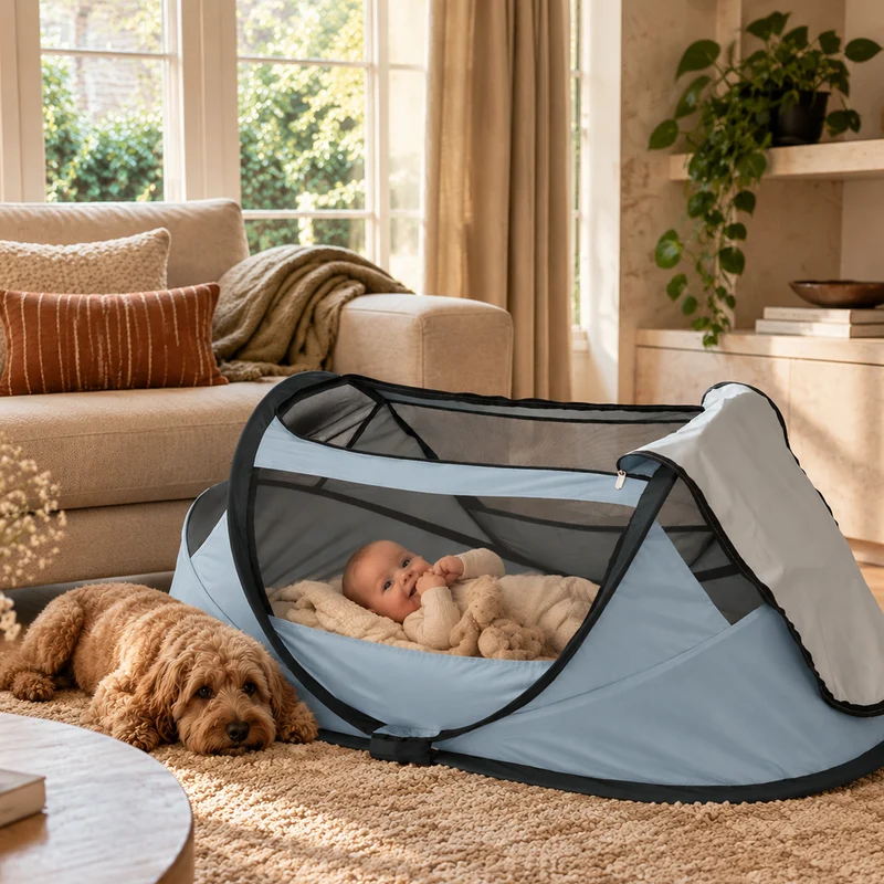 BabyBox Babyzelt Campingbett + Baumwolldecke – Sky Blue