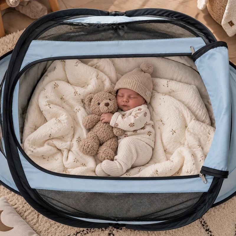 BabyBox Babyzelt Campingbett + Baumwolldecke – Sky Blue
