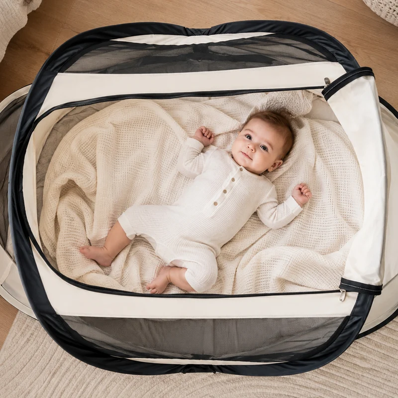 BabyBox Babyzelt Campingbett + Baumwolldecke – Creme