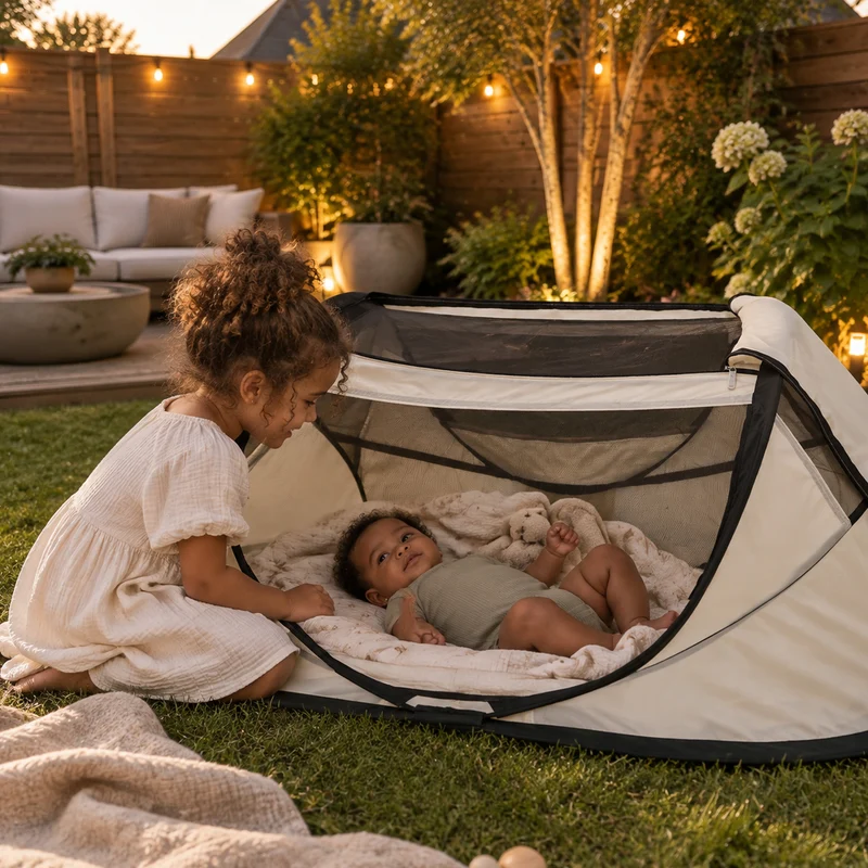 BabyBox Babyzelt Campingbett + Baumwoll-Decke – Elfenbein
