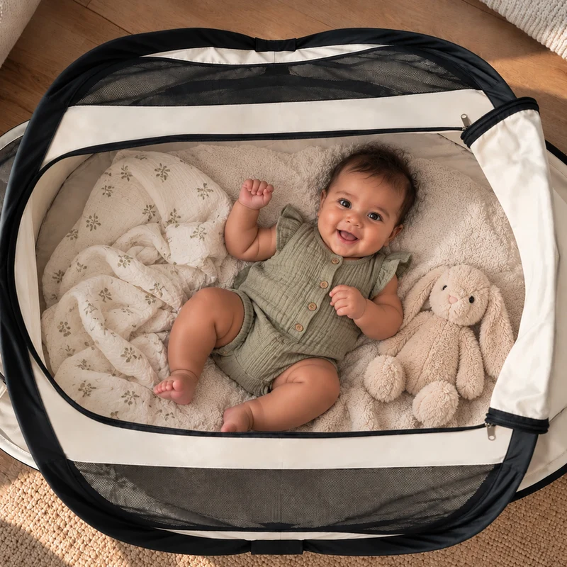 BabyBox Babyzelt Campingbett + Baumwoll-Decke – Elfenbein