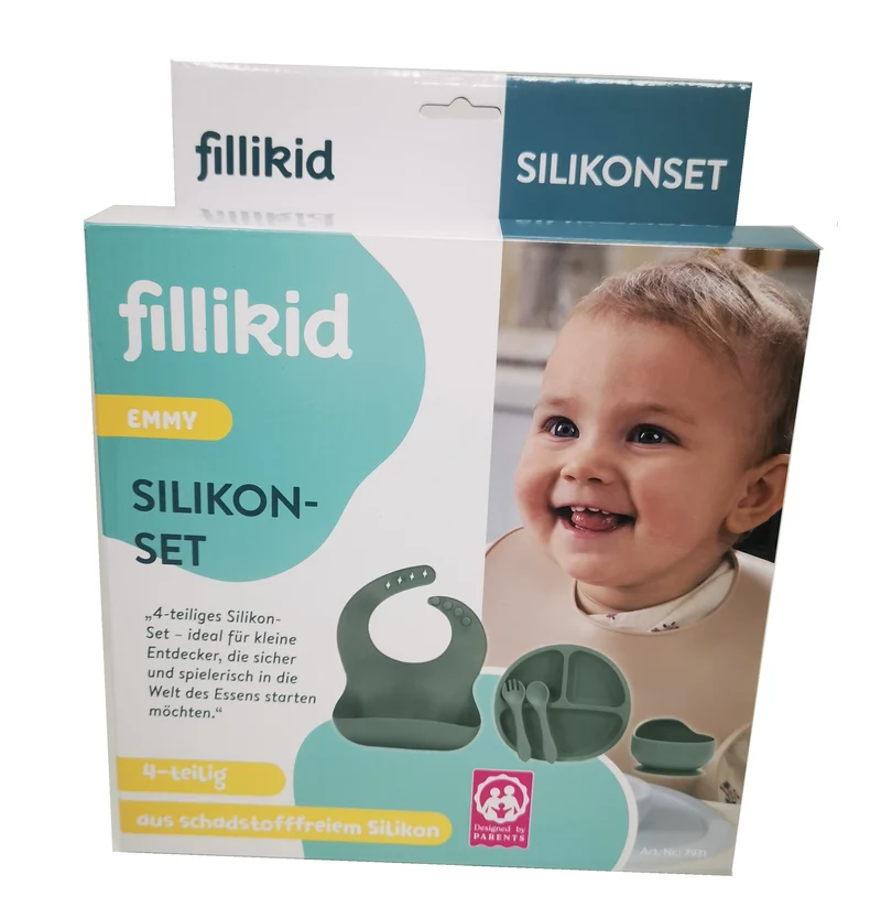 fillikid Baby Geschirr Silikon Set 4-tlg. Lätzchen, Besteck, Teller & Schüssel