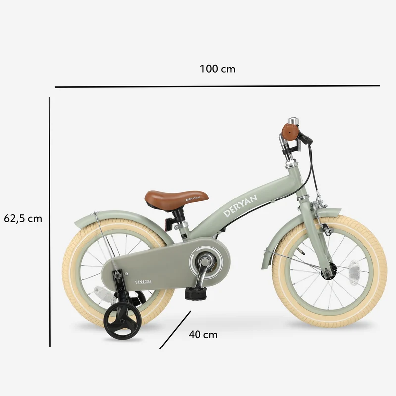 Luxus Kinderfahrrad 14 Zoll - 3 in 1 - Laufrad Grün