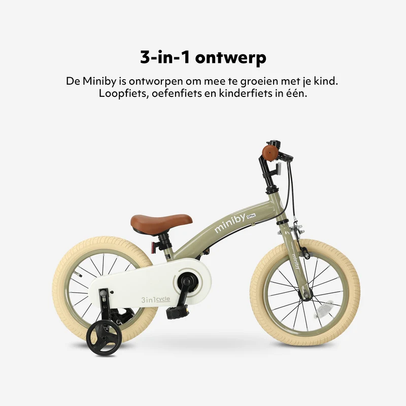 Qplay Miniby Kinderfahrrad 14 Zoll – 3-in-1 – Laufrad – Olive