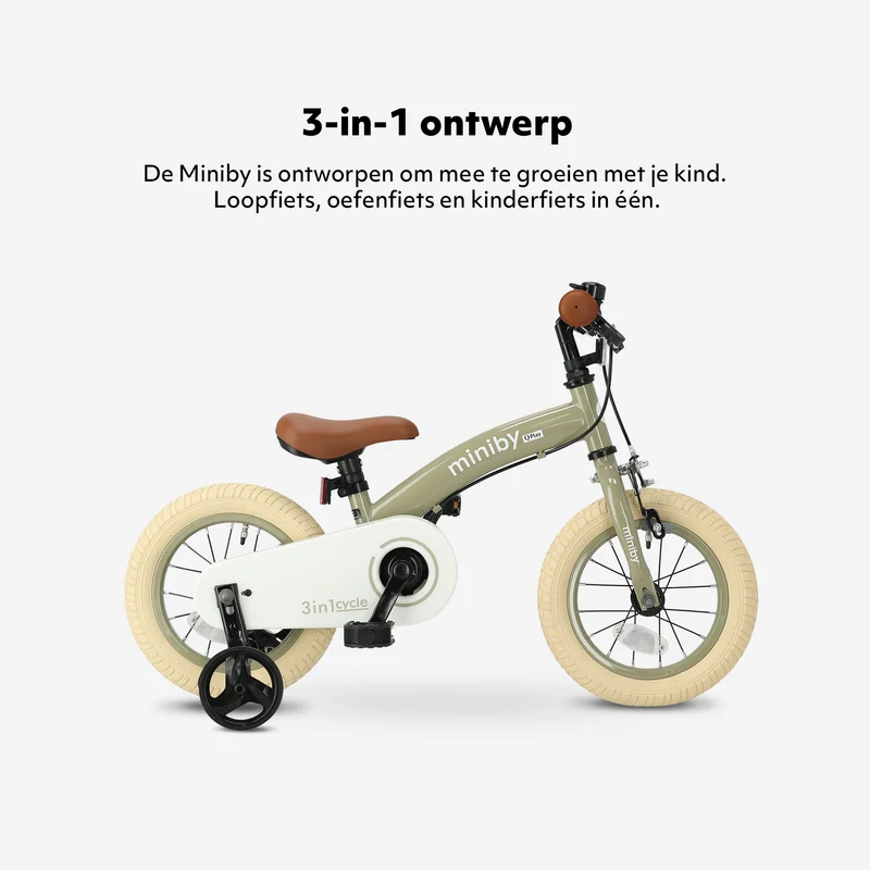 Qplay Miniby Kinderfahrrad 12 Zoll – 3-in-1 – Laufrad – Olive
