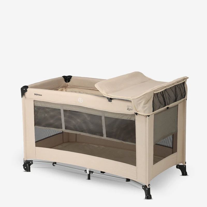 Luxus-Campingbett mit Wickelauflage und Bodenverhöher – Nougat