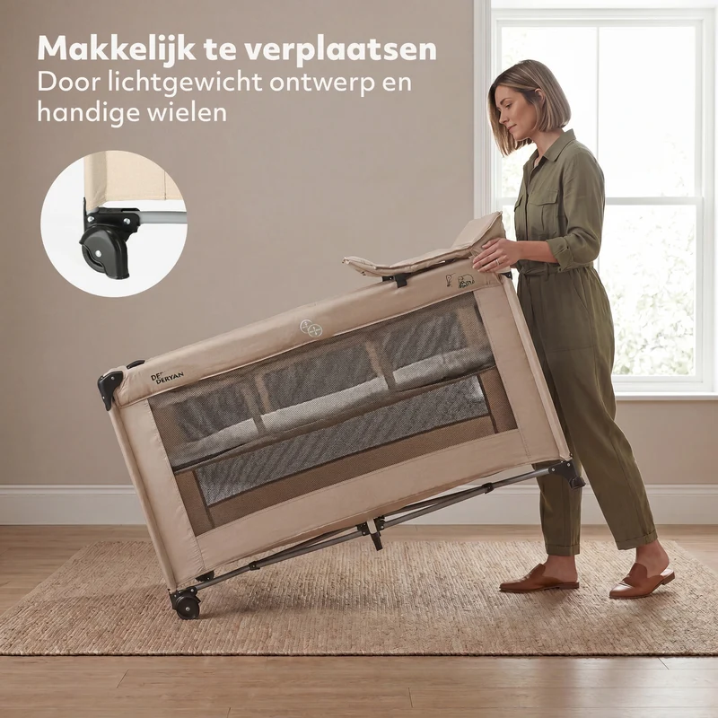 Luxus-Campingbett mit Wickelauflage und Bodenverhöher – Nougat