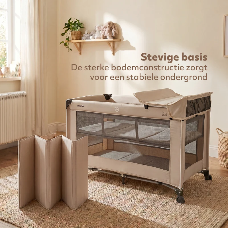 Luxus-Campingbett mit Wickelauflage und Bodenverhöher – Nougat