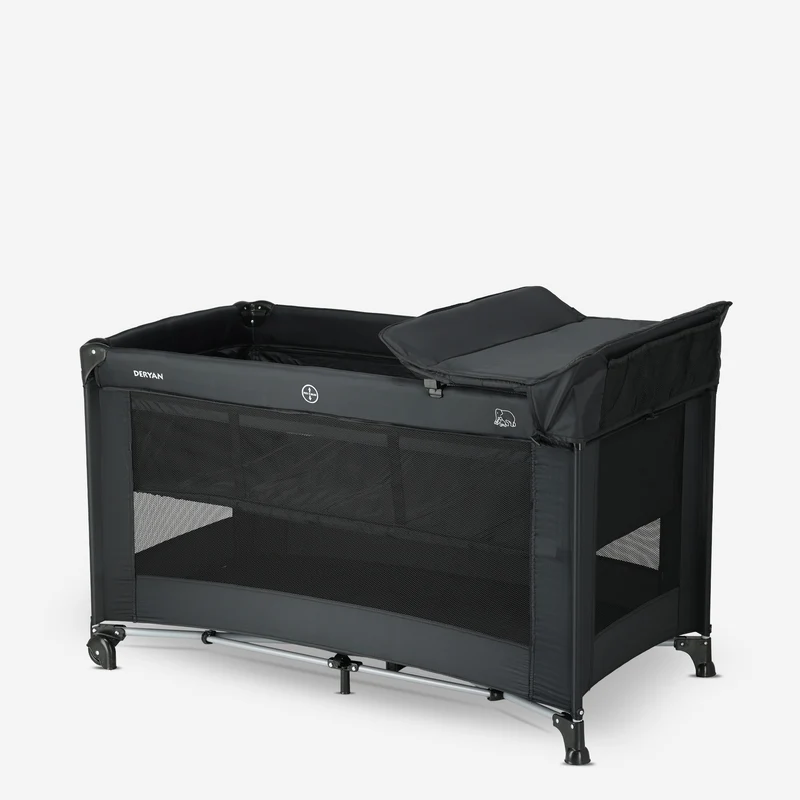 Luxus-Campingbett mit Wickelauflage und Bodenverhöher – Schwarz
