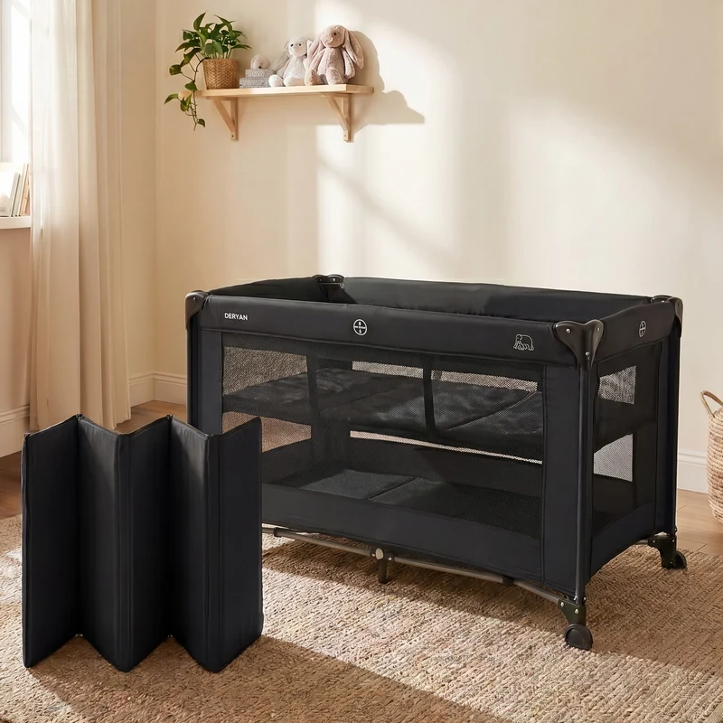 Luxus-Campingbett mit Wickelauflage und Bodenverhöher – Schwarz
