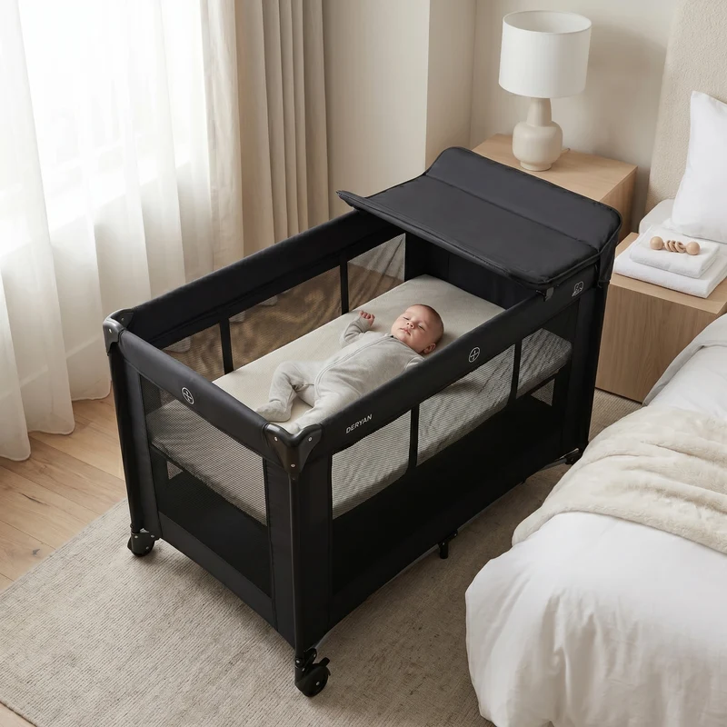 Luxus-Campingbett mit Wickelauflage und Bodenverhöher – Schwarz