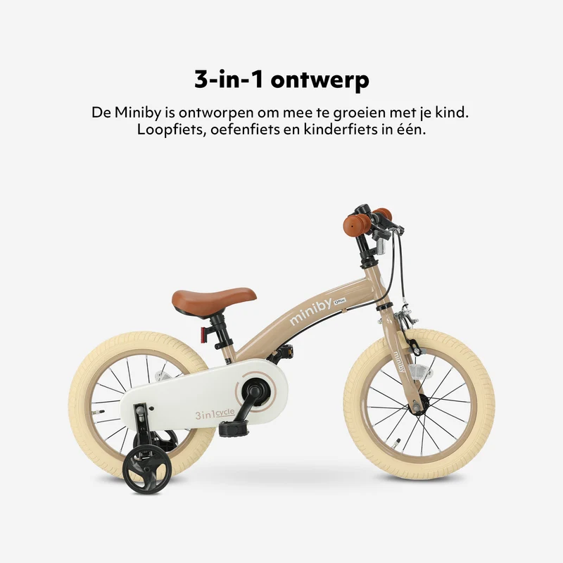 Qplay Miniby Kinderfahrrad 14 Zoll – 3-in-1 – Laufrad – Mocha