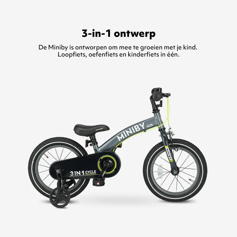 Qplay Miniby Kinderfahrrad 14 Zoll - 3 in 1 - Balance Fahrrad - Grau