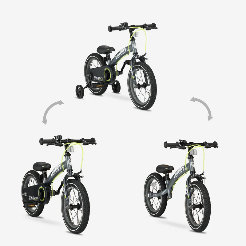 Qplay Miniby Kinderfahrrad 14 Zoll - 3 in 1 - Balance Fahrrad - Grau