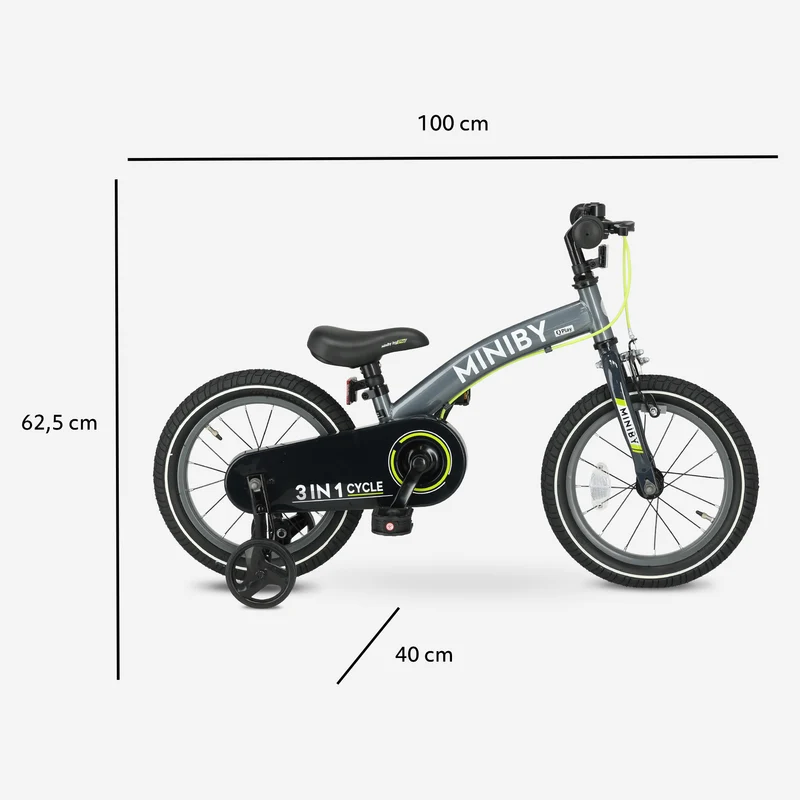 Qplay Miniby Kinderfahrrad 14 Zoll - 3 in 1 - Balance Fahrrad - Grau