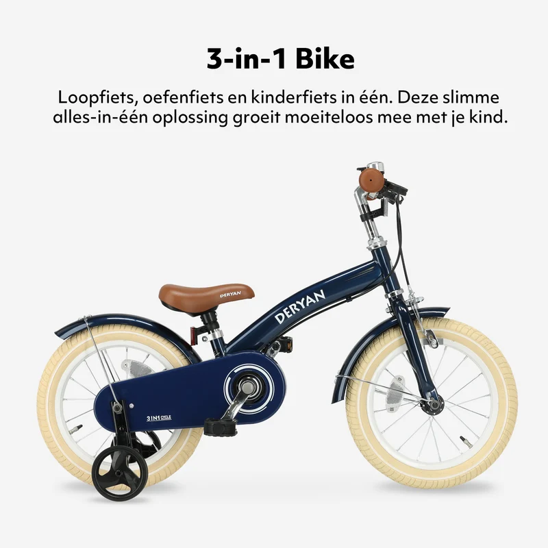 Deryan Kinderfahrrad 14 Zoll – 3-in-1 – Laufrad Blau