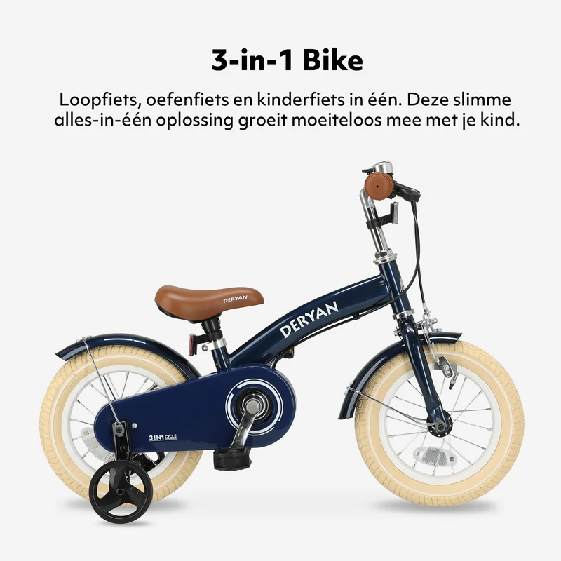 Deryan Kinderfahrrad 12 Zoll – 3-in-1 – Laufrad Blau
