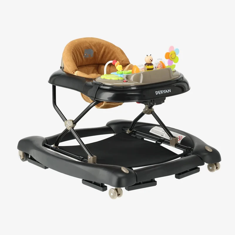 Deryan Luxuriöser 4-in-1-Kinderwagen - Schaukelfunktion - Inklusive Spielset und Tablett - faltbar - Schwarz & Nougat