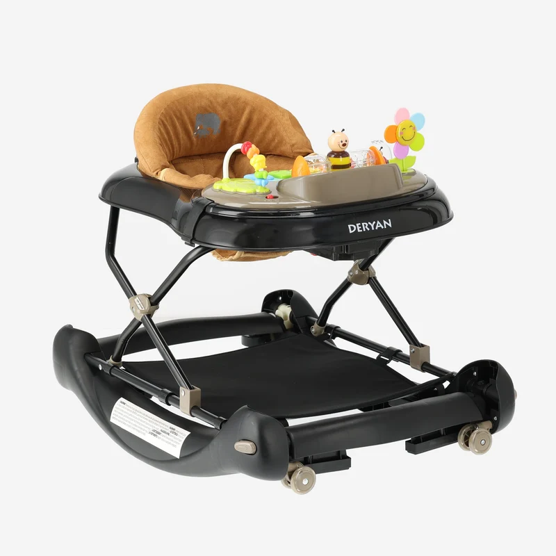 Deryan Luxuriöser 4-in-1-Kinderwagen - Schaukelfunktion - Inklusive Spielset und Tablett - faltbar - Schwarz & Nougat