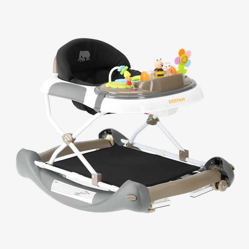 Deryan Luxuriöser 4-in-1-Kinderwagen - Schaukelfunktion - Inklusive Spielset und Tablett - faltbar - Braun