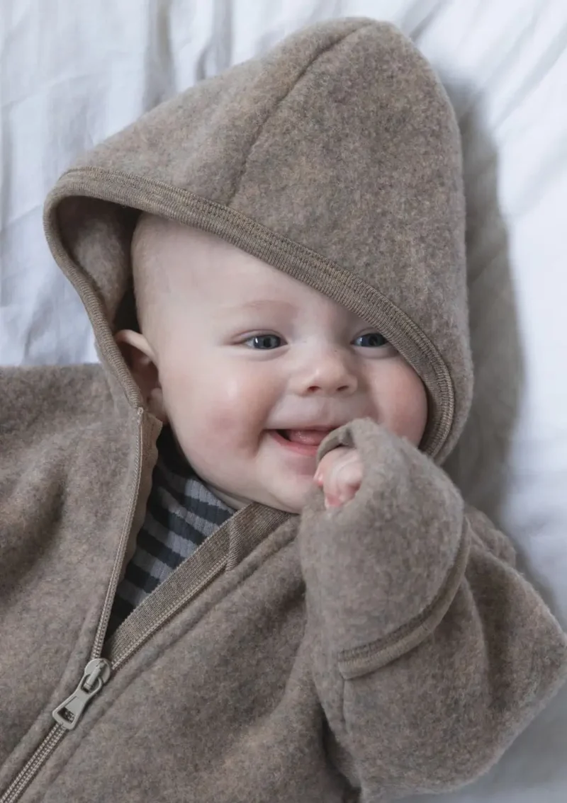 Wollfleece Kapuzenoverall mit Reißverschluss Walnuss