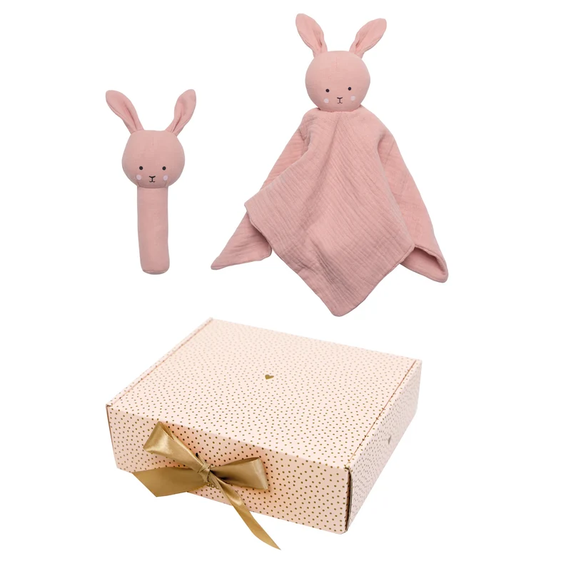 Jabadabado Baby Geschenkset 2tlg, Geschenkbox Hase, Schmusetuch und Stabrassel