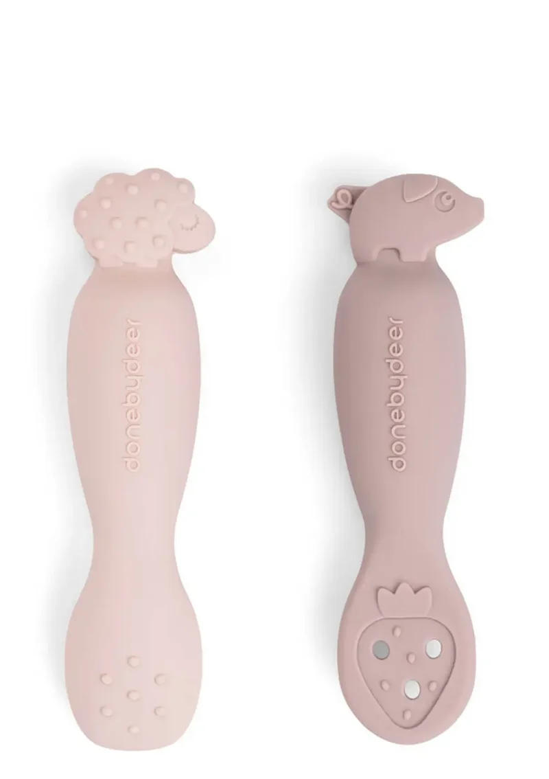 Silikon Babylöffel-Set Tiny farm rosa