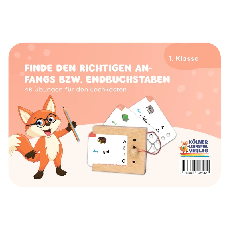 Kartensatz "Finde den Anfangs- und Endbuchstaben" für den Lochkasten (1. Klasse)